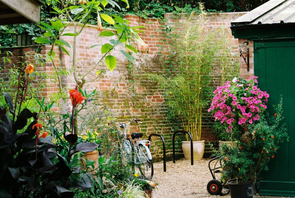 Innenhof mit Backsteinmauer, Fahrrad, Blumen und Bambus im Kübel