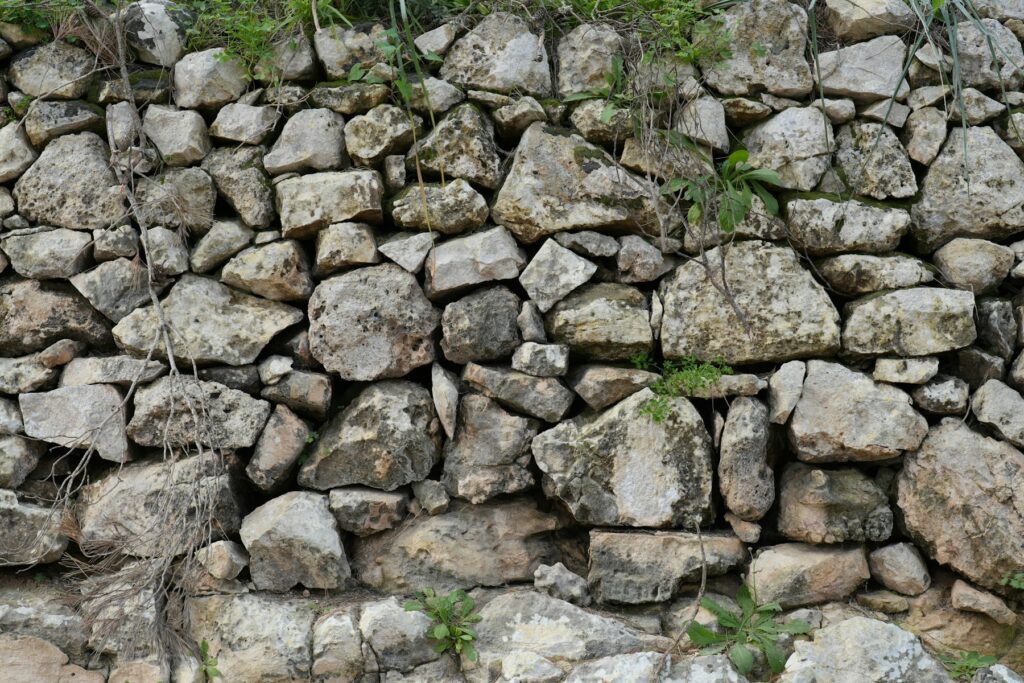 Trockenmauer aus Naturstein mit Pflanzen